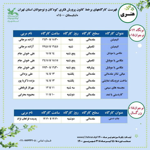 کارگاه های برخط تابستان 1400 کانون استان تهران