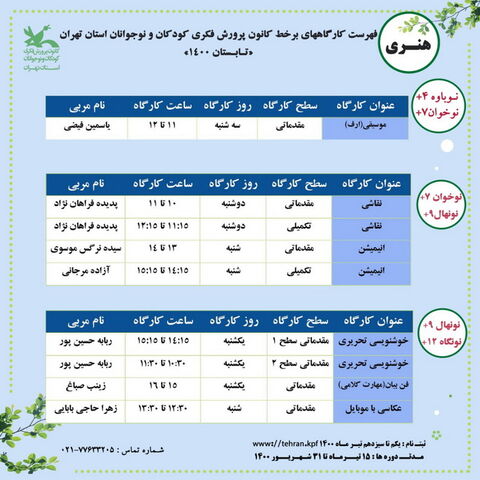 کارگاه های برخط تابستان 1400 کانون استان تهران