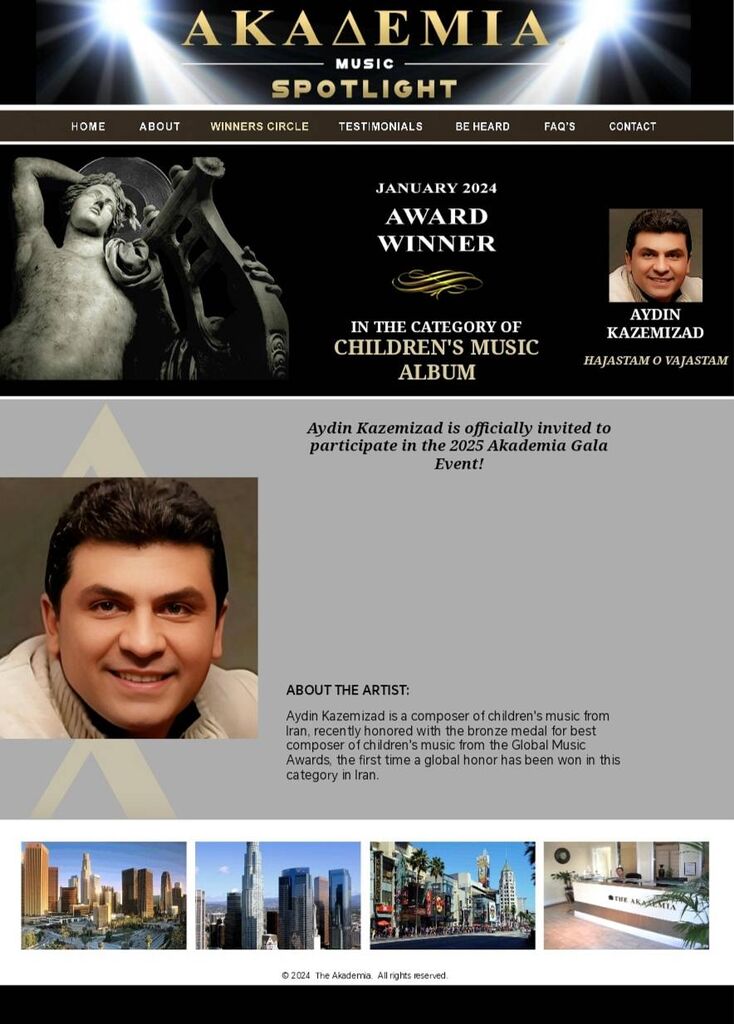 آیدین کاظمیزاد جایزه موسیقی فستیوال Akademia music awards  آمریکا را کسب کرد