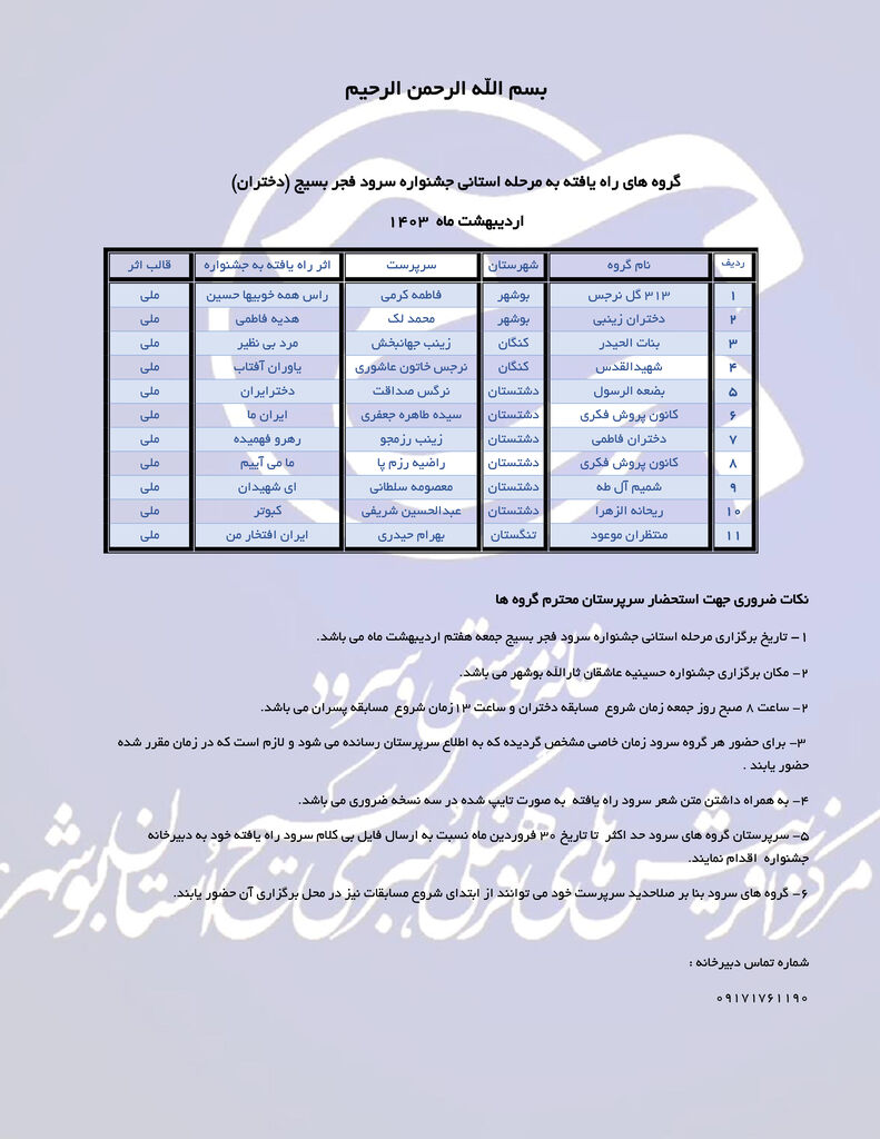 راهیابی اعضا کانون استان بوشهر به جشنواره سرود بسیج