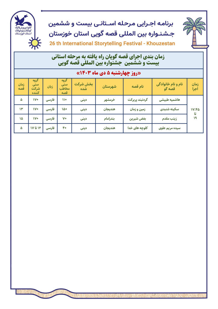  مرحله استانی بیست‌وششمین جشنواره بین‌المللی قصه‌گویی استان خوزستان