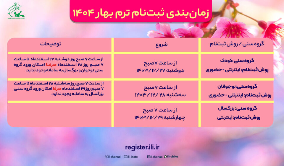 اعلام زمانبندی ثبتنام ترم بهار ۱۴۰۴ کانون زبان ایران اعلام زمانبندی ثبتنام ترم بهار ۱۴۰۴ کانون زبان ایران