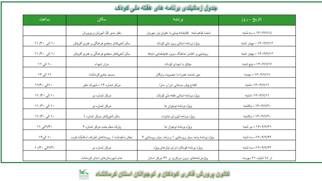 برنامههای هفته ملی کانون کرمانشاه اعلام شد